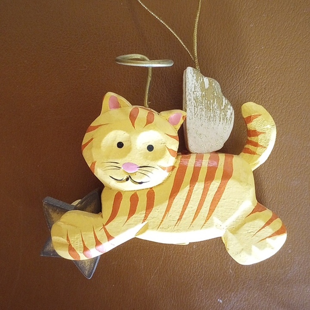 3 Wooden Cat Christmas Ornaments w/ Angel Wings & Halo - Picture 2 of 7